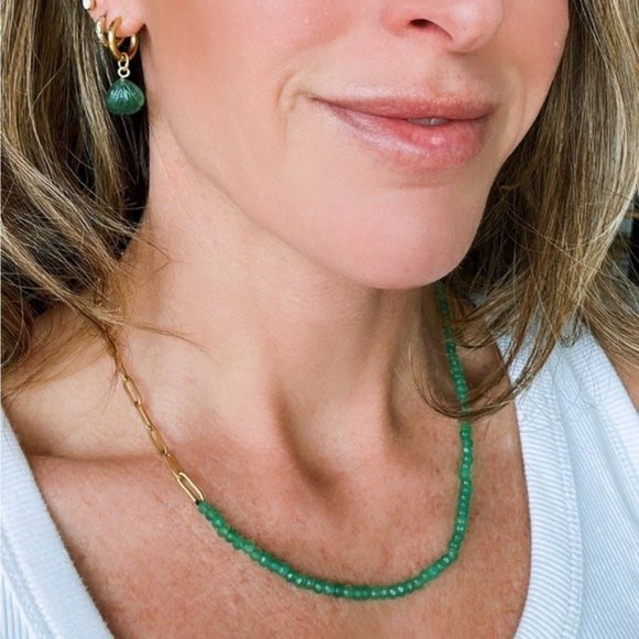 BUNDLE EARRING AND NECKLACE Green Aventurine Sparkly hoops half paperclip chain - Picture 14 of 16